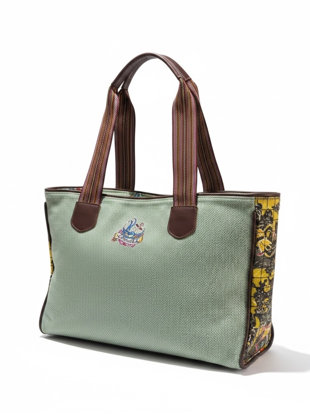 Consuela Mint Green Canvas X Large Tote with Patterned Yellow Sides